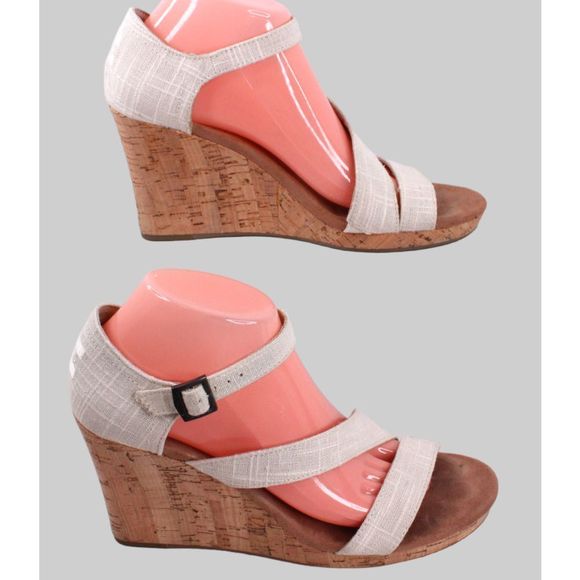 TOM'S Wedge Sandals Cork Wedge Heels in Cream Women's Size 9 - Picture 2 of 11